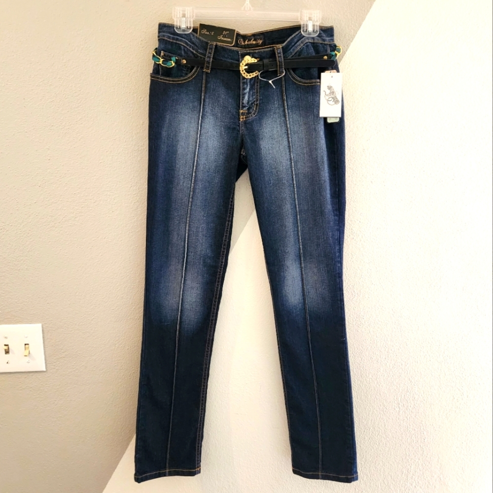 Y2K Fabulosity stretch straight jeans plaid chain belt 5